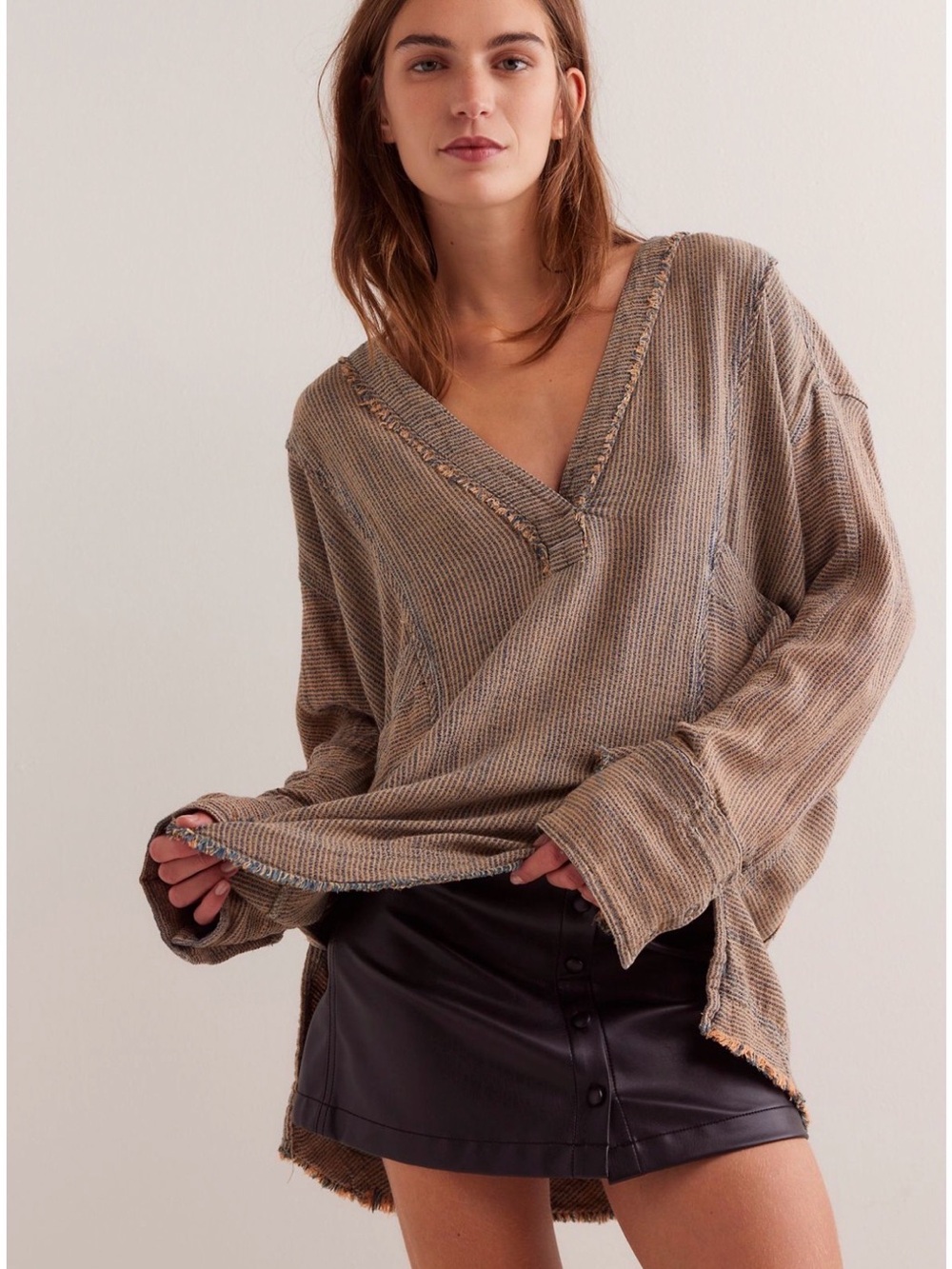 Free People We The Free By The Shore Slouchy Shirt Deep V-Neck Railroad Stripes - Picture 4 of 16